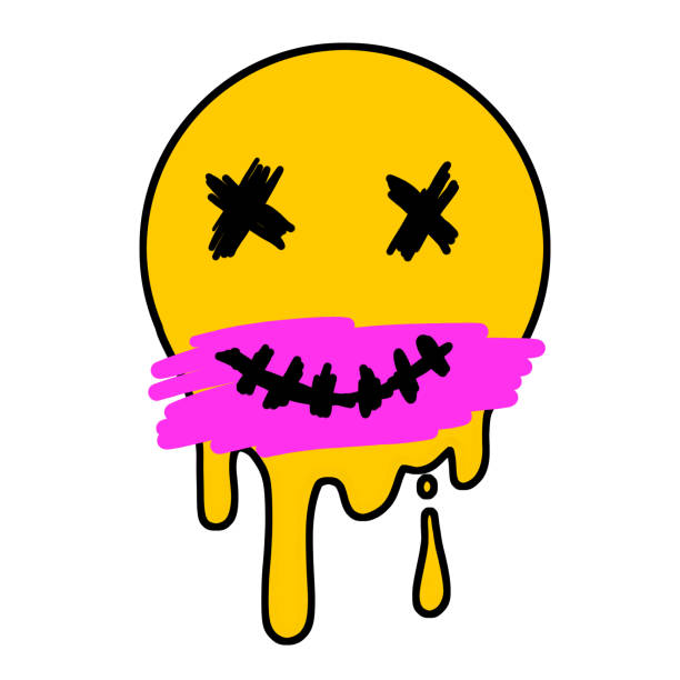 Acid smile face with brain. Melted rave and techno symbol of 90s. Acid smile face with brain. Melted rave and techno symbol of 90s. Pink brush stroke melting brain stock illustrations