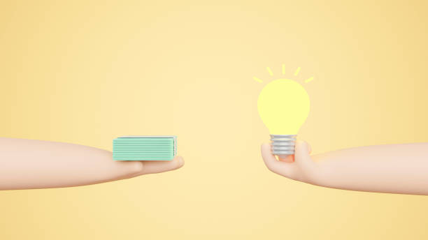 istock Idea trading for money concept. Closeup one hand holding a light bulb while the other hand offers money dollar bills, Sell an idea. Business idea. Money vs ideas poster. 3d render illustration 1438135308