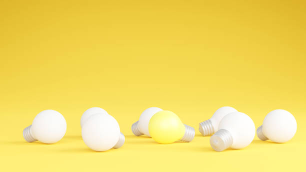 istock Light bulbs with glowing one different idea. Creativity and innovation ideas concept. Leadership, innovation, great idea and individuality concepts. 3d rendering 1438135343