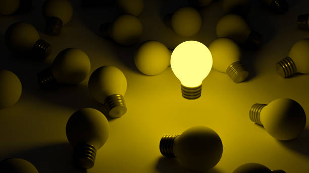 istock Light bulbs with glowing one different idea. Creativity and innovation ideas concept. Leadership, innovation, great idea and individuality concepts. 3d rendering 1438135403