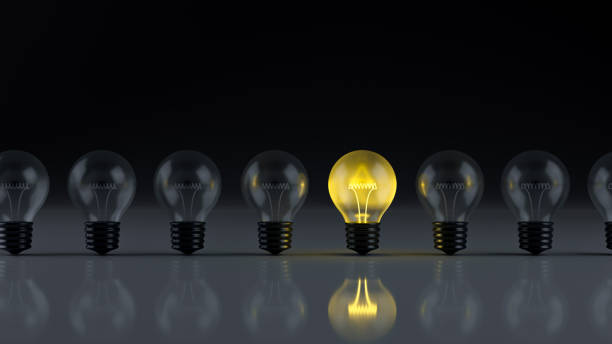 istock Light bulbs with glowing one different idea. Creativity and innovation ideas concept. Leadership, innovation, great idea and individuality concepts. 3d rendering 1438135462
