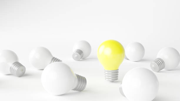 istock Light bulbs with glowing one different idea. Creativity and innovation ideas concept. Leadership, innovation, great idea and individuality concepts. 3d rendering 1438135535
