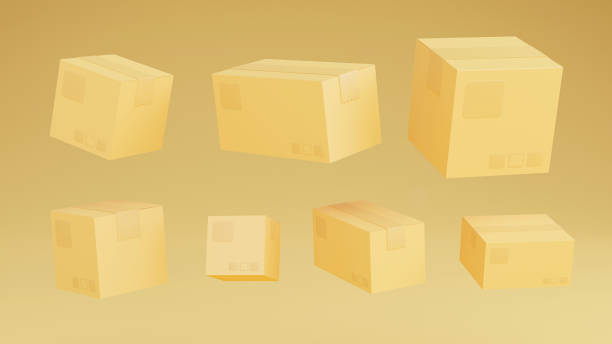 istock 3D render of cardboard brown delivery boxes mockup set from side, front and top view isolated on brown background. delivery cargo box with fragile care sign symbol, handling with care. 1438135538