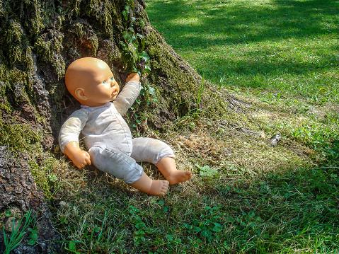 Spielzeugpuppe lehnt an Baumstamm im Sonnenschein