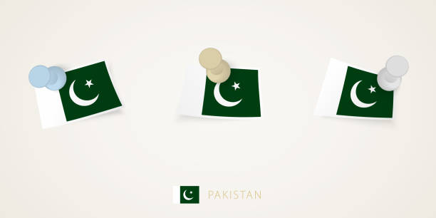 istock Pinned flag of Pakistan in different shapes with twisted corners. Vector pushpins top view. 1438137359
