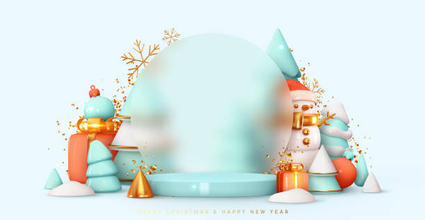 illustrazioni stock, clip art, cartoni animati e icone di tendenza di podio del palcoscenico invernale, studio rotondo per la vendita promozionale. design 3d realistico in stile cartone animato. alberi di natale azzurri nella neve. buon natale e felice anno nuovo sfondo vacanze. illustrazione vettoriale - winter non urban scene snow tree