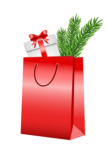 red gift bag, shopping for Christmas and New Year. the concept of a special offer of discounts, sale, purchase. Sale for new year and christmas, buying gifts, illustrations for advertising, flyer.