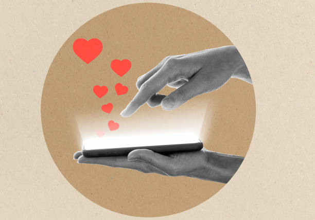 A woman's hand is holding a phone. Modern art collage in retro style. Likes