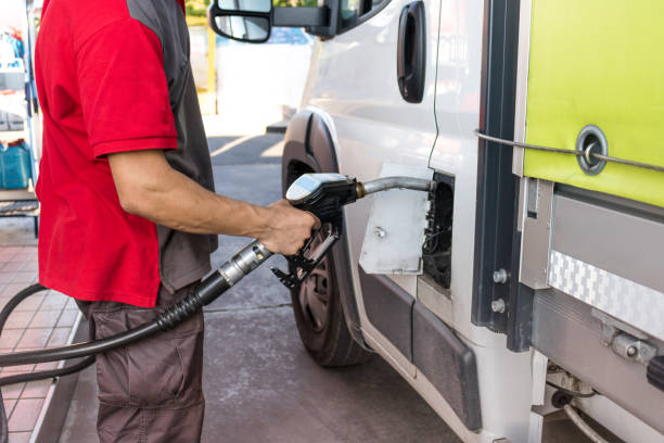 istock Truck refueling on a petrol station 1438142835