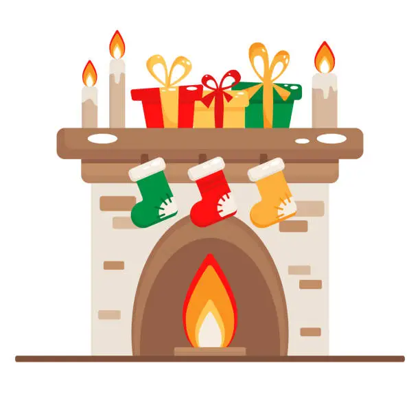 Vector illustration of Vector illustration of a Christmas fireplace with gifts. Cozy Christmas illustration in flat style.