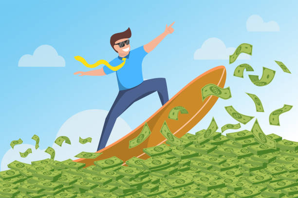 illustrazioni stock, clip art, cartoni animati e icone di tendenza di uomo d'affari che naviga nei mari finanziari. cavalcando onde di denaro in contanti in dollari sulla tavola da surf che mostrano il gesto della vittoria. trader di successo al culmine della redditività. concetto di successo aziendale. illustrazione vettor - surfing surf wave men