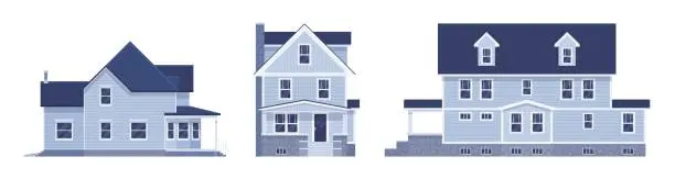 Vector illustration of Light blue facade house cartoon set