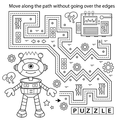 Handwriting practice sheet. Simple educational game or maze. Coloring Page Outline Of cartoon little robot. Coloring book for kids.