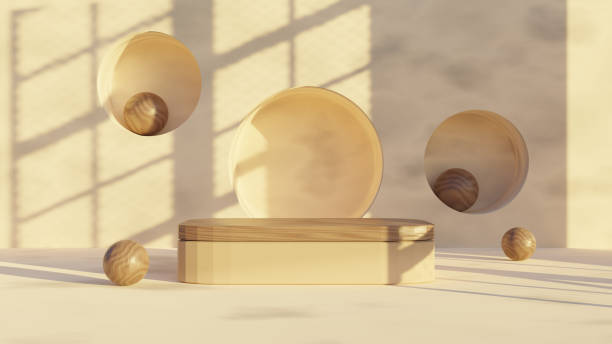 istock 3D rendering, wooden podium platform product display, Cosmetic display stand on brown background. 1438144959