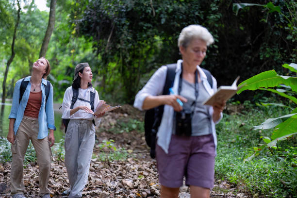 istock Backpack tourist travel outdoor adventure bird study using binoculars looking and record to book 1438145099