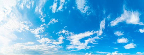 istock Background with blue sky and white clouds. Narrow panorama. 1438145147