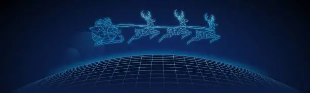 Vector illustration of Santa Claus On Sledge With Deer flying over planet.