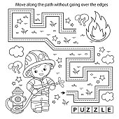istock Handwriting practice sheet. Simple educational game or maze. Coloring Page Outline Of cartoon fireman or firefighter with hydrant. Fire fighting. Coloring book for kids. 1438145696