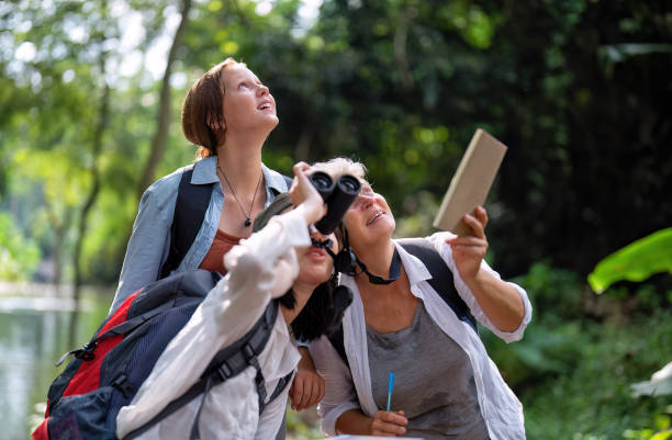 istock Backpack tourist travel outdoor adventure bird study using binoculars looking and record to book 1438146292