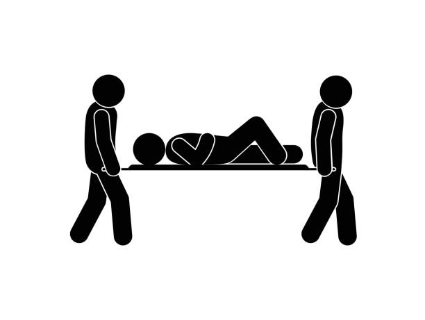 paramedics carry casualty on stretcher, stick figure man icon paramedics carry casualty on stretcher, stick figure man icon stretcher stock illustrations
