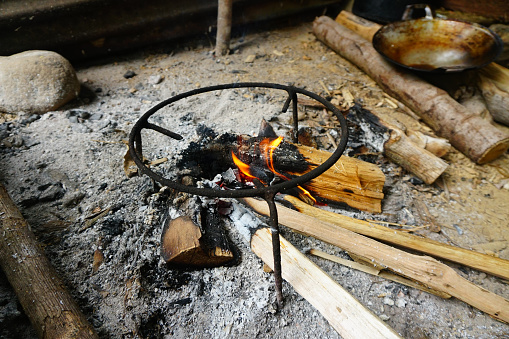 Fire preparation for traditional cooking in the garden