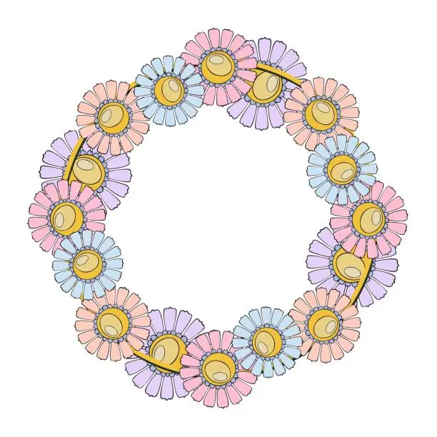 Vector illustration of Round decorative frame, copy space, delicate chamomile flowers in pastel colors, vector
