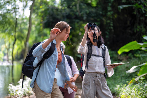 istock Backpack tourist travel outdoor adventure bird study using binoculars looking and record to book 1438147433
