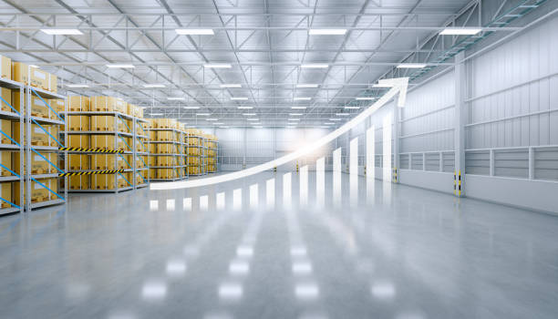 istock 3d rendering of warehouse with increase concept. 1438147443