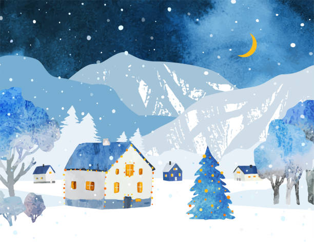 winter aquarell ländliche landschaft mit schneebedeckten hohen bergen, bäumen und häusern unter nachthimmel mit mond und schnee.  weihnachtsvektorillustration in blauen farben für postkarte, banner, poster - christmas tree christmas blue night stock-grafiken, -clipart, -cartoons und -symbole
