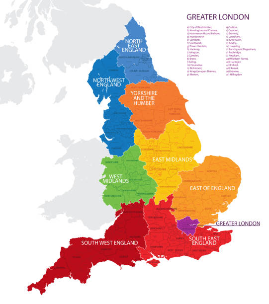 mapa anglii z podziałem administracyjnym kraju na regiony, szczegółowa ilustracja wektorowa - uk map regions england stock illustrations