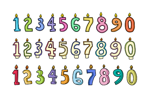 Set of different doodle style birthday candle numbers collections isolated on white background. Colorful outline birthday party cake decoration, jubilee anniversary celebration pack. Vector icon set.