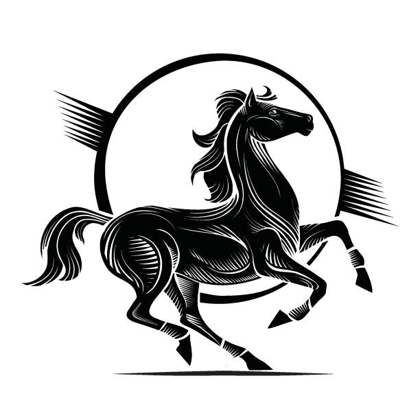 logo, cavallo nero decorativo su sfondo cerchio nero, oggetto isolato su sfondo bianco, illustrazione vettoriale, - illustrazione arte vettoriale