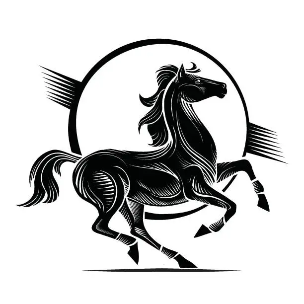 Vector illustration of logo, decorative black horse on black circle background, isolated object on white background, vector illustration,