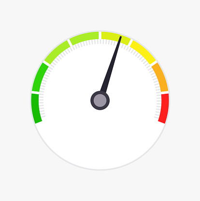 Color scale with arrow from green to red. The measuring device icon. Sign tachometer, speedometer, indicators. Colorful infographic gauge element