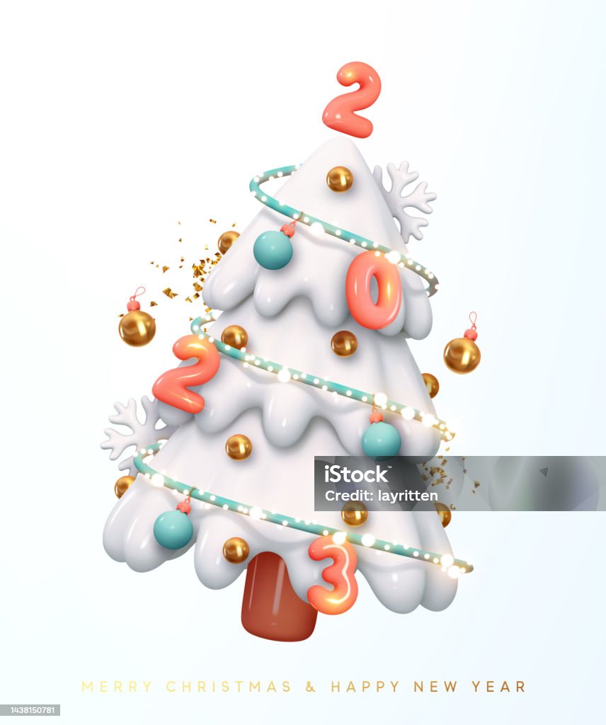 Vetores de Árvore Decorada De Natal Com Números De Ano Novo 2023 Design 3d  Realista Em Estilo Desenho Animado Árvore De Natal Branca Com Guirlandas  Pôster De Natal Banner Na Web Cartão