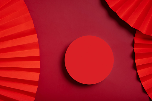 Mock up podium round stage or pedestal and paper art Chinese new year symbol top view.