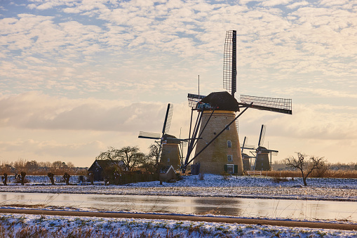 Several windmills in winter at the Kinderdijk, Holland. The water is frozen and all the land is covered with snow.
