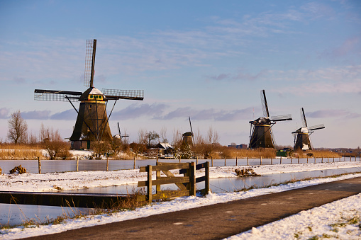 Several windmills in winter at the Kinderdijk, Holland. There is a cycle path and a footpath between the water. The water is frozen and all the land is covered with snow.