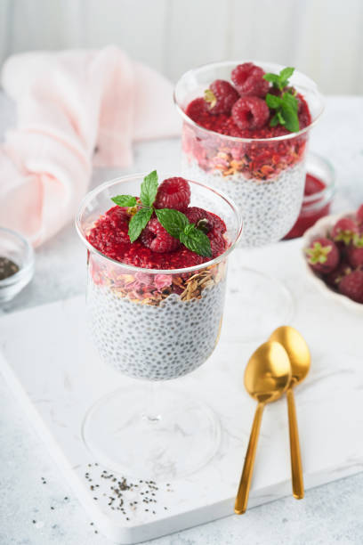 istock Chia pudding. Healthy vanilla chia pudding in glass with fresh raspberries and mint on white background. Vegan healthy breakfast. 1438151303