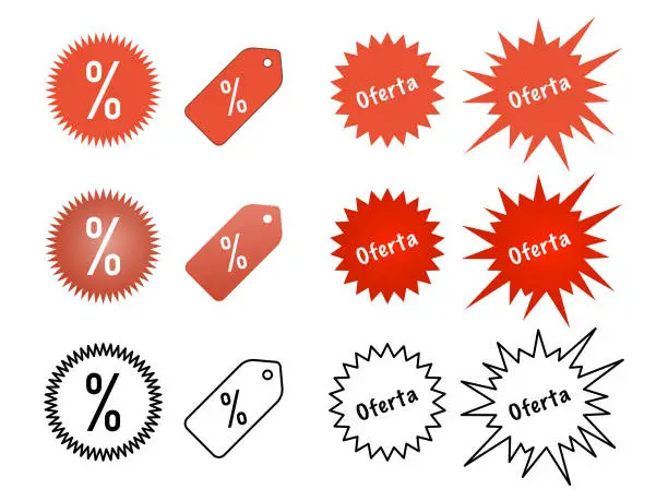Vector illustration of Offer stickers in different shapes and in red, black and white
