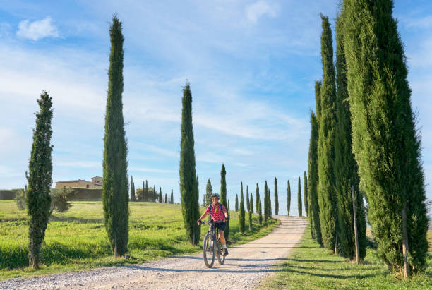 woman riding electric mountain bike in Tuscany, Italy stock photo