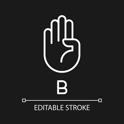 Letter B in American sign language pixel perfect white linear icon for dark theme. Communication system. Thin line illustration. Isolated symbol for night mode. Editable stroke. Arial font used