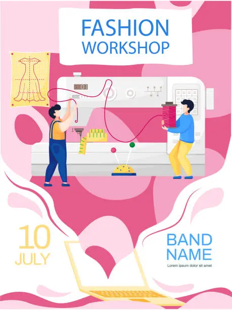 Vector illustration of Seamstresses insert thread into needle of sewing machine. Fashion workshop concept poster