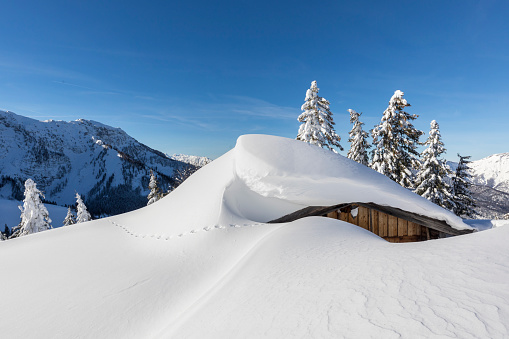 Amazing spring alpine scenery with cute wooden hut on the green field and high snowy mountains in background, Srednji Vrh village, Kranjska Gora, Julian Alps, Slovenia, Europe