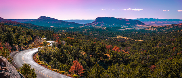 Southwestern road trip autumn sunset landscape in Cibola National Forest in Grants, New Mexico