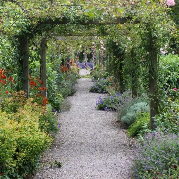 A beautiful blossom garden with an empty gray concrete pathway during daytime, Blarney Castle & Gardens in Monacnapa, Blarney, Co. Cork, Ireland