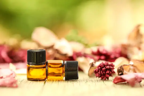 Amber essential oil sample vials close up on natural wooden surface surrounded by dried flowers. Landscape orientation.