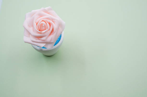istock Top view of the artificial decorative pink rose in a pot on the green surface  - space for text 1438168721