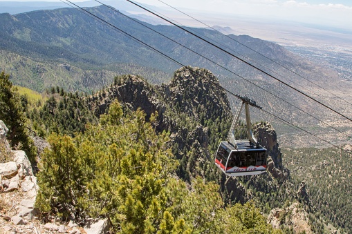 Albuquerque, United States – May 15, 2018: An aerial view of Sandia Peak Tramway in Albuquerque, New Mexico in sunlight