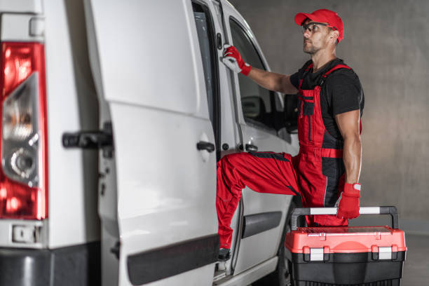 Repairman Departing After Successfully Finished Work Caucasian Middle Aged All Purpose Fixing Specialist in Red Work Wear and With a Toolbox in His Hand Getting Back Into His White Van After Successfully Completing Repair. Professional Handyman Services. handyman stock pictures, royalty-free photos & images